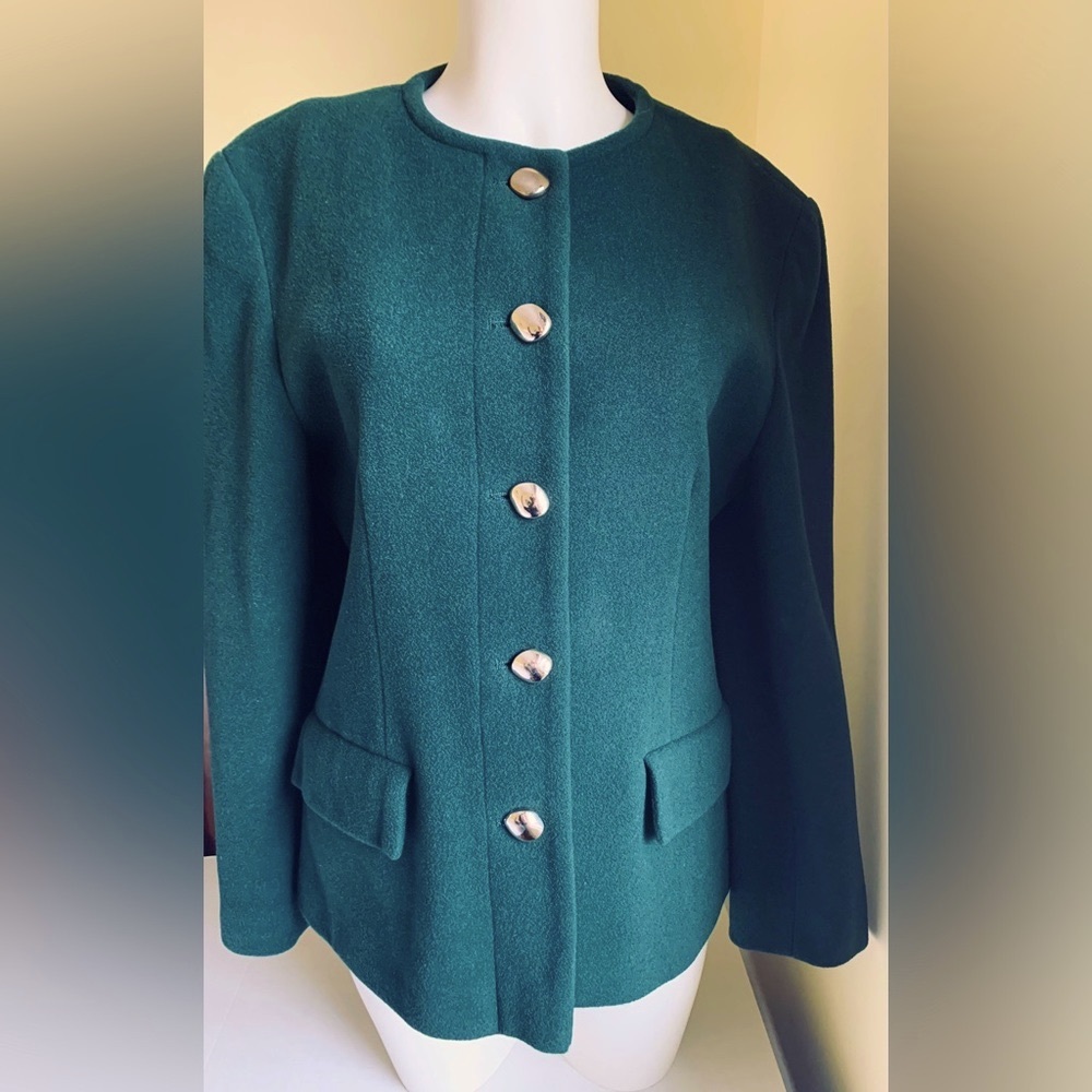 Dark green thick wool & cashmere blend blazer jacket metal buttons pockets US 12